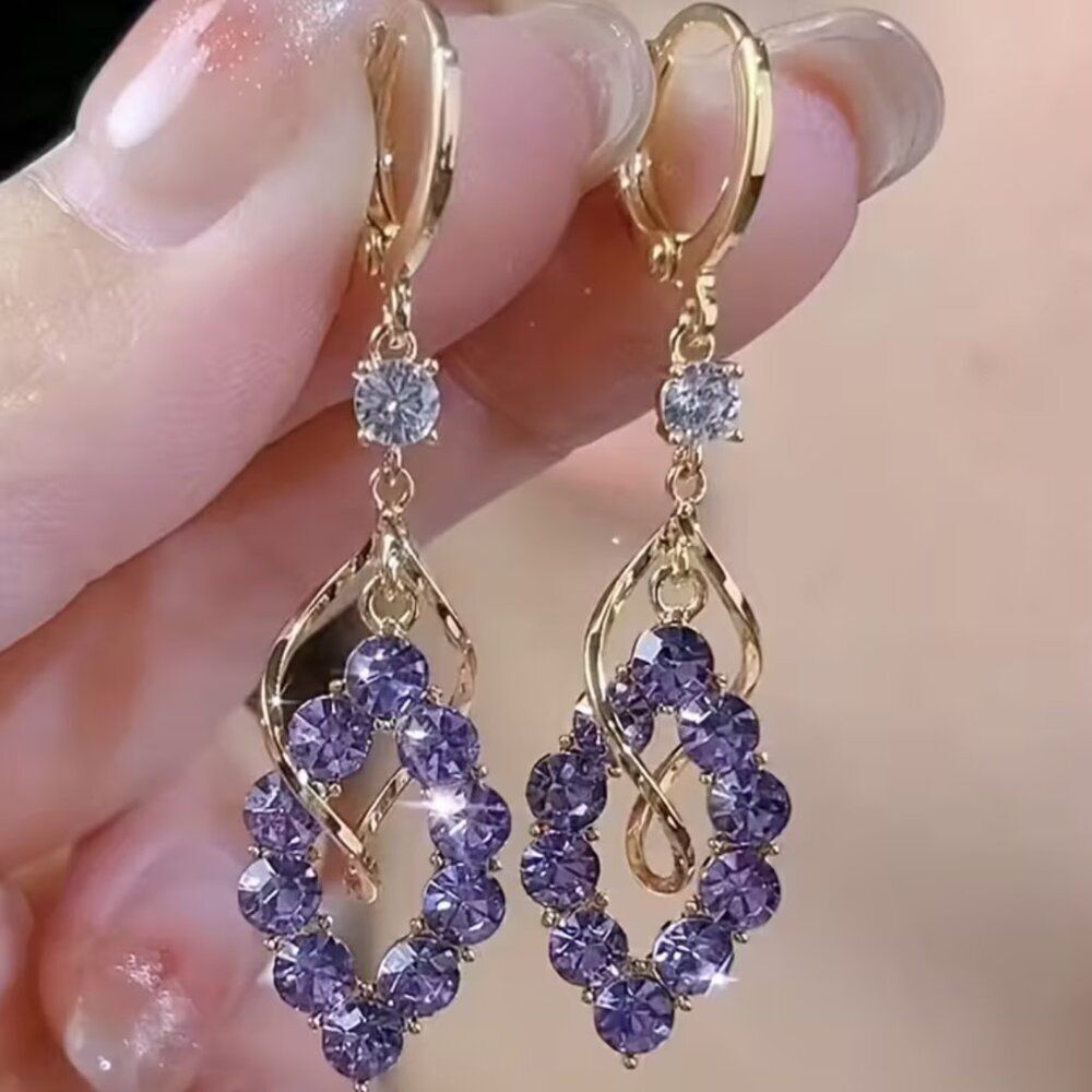 Purple Cubic Earrings Gold-Plate Double-Layer Twisted Hollow Dangle Design